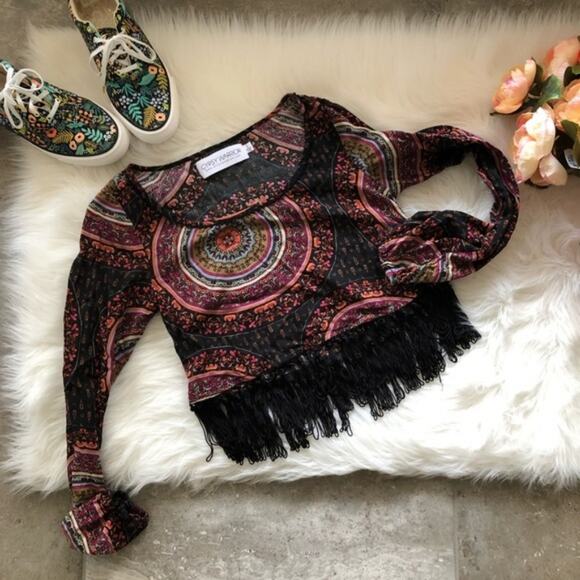 Mob Wife Gypsy Warrior Fringe Boxy Crop Top Black Red - Picture 1 of 8